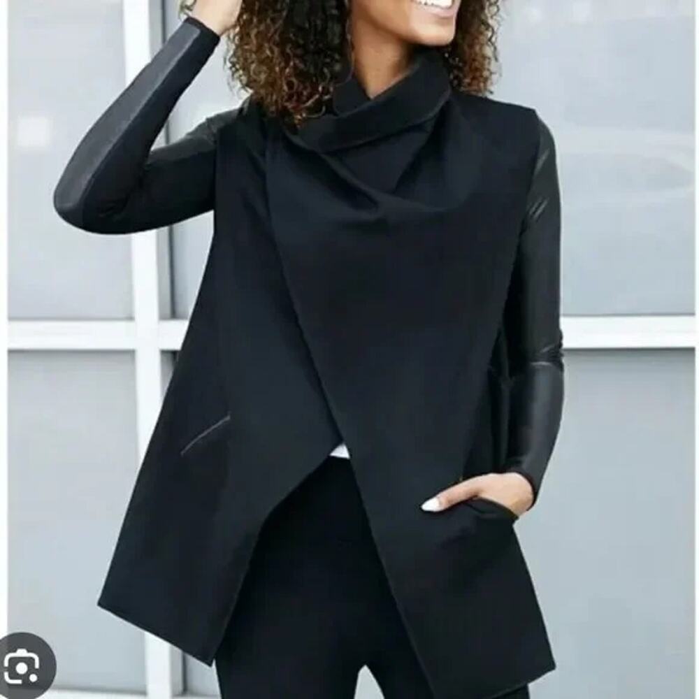 Spanx Faux Leather Black Convertible Jacket Asymmetric Moto Thumbholes SZ XL